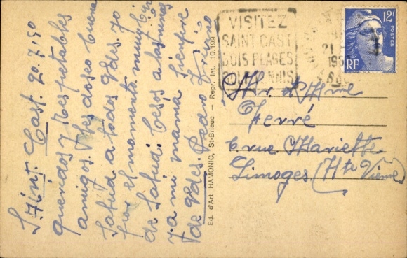 Postcard Saint Cast Cotes d'Armor, Hotel Bellevue, motorboat on the lake
