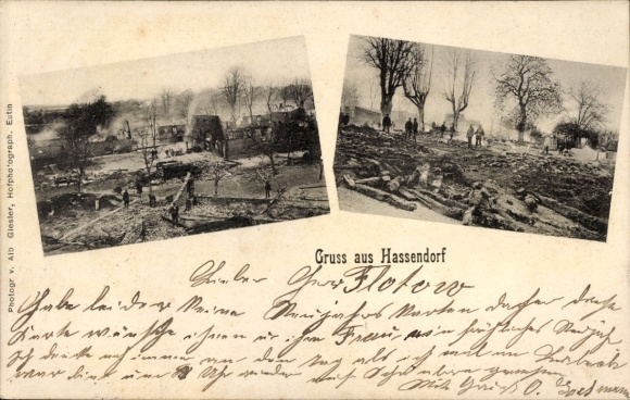 Ak Hassendorf Bosau in Holstein, Zwei alte Fotografien, Menschen bei Arbeiten, Ruinen, Landschaft