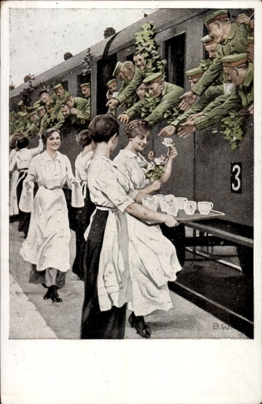 Artist Postcard Wennerberg, B., refreshment station, soldiers getting drinks, train, women