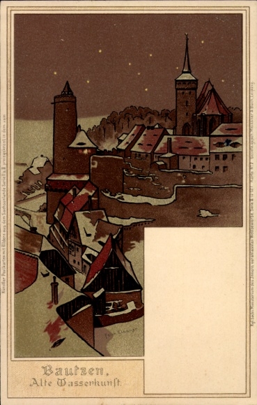 Artist Postcard Elßner, F., Bautzen Saxony, Old Waterworks, winter view, at night