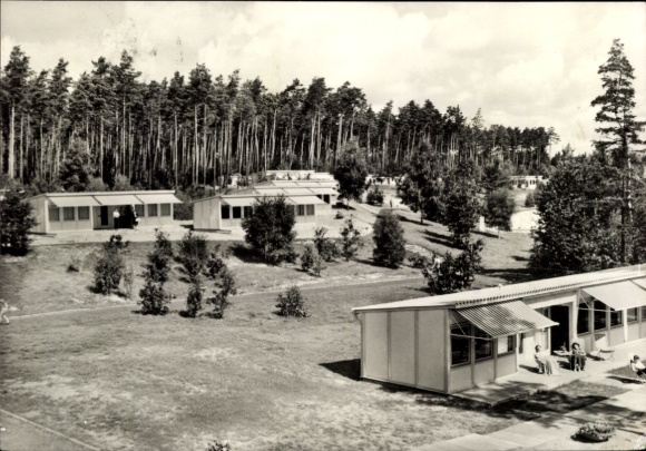 Ak Klink an der Müritz Mecklenburg, Urlaubersiedlung, Gebäude in Natur, Wälder im Hintergrund