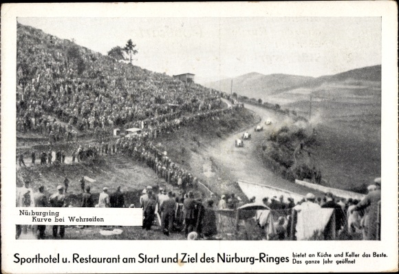 Postcard Wehrseifen Adenau in the Eifel, Nürburgring, curve, racetrack, spectators