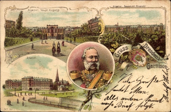 Litho Dresden Altstadt, Garnison, Arsenal, König Albert von Sachsen