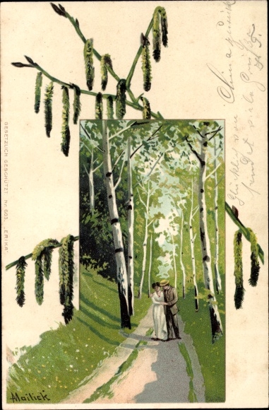 Artist Chromo-Litho Mailick, Couple in a birch avenue