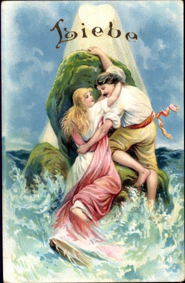 Postcard allegory, love, man and woman save themselves on a rock, shipwreck