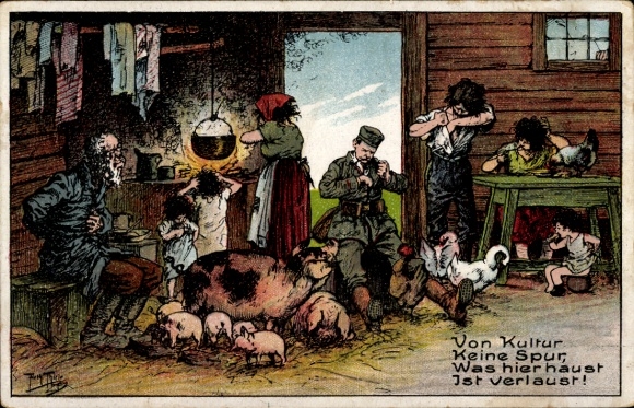 Künstler Ak Thiele, Arthur, Von Kultur keine Spur, Soldat und Bauernfamilie kratzen sich, Schweine