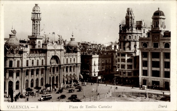 Ak Valencia Stadt Spanien, Plaza de Emilio Castelar, historische Gebäude, Verkehr, Stadtansicht