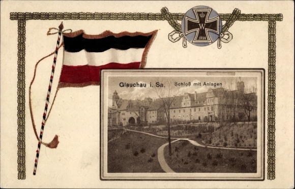 Passepartout Postcard Glauchau on the Zwickauer Mulde in Saxony, castle with facilities, iron cross