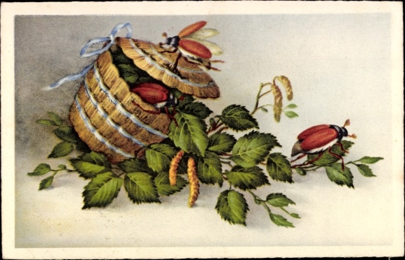 Postcard Cockchafer, hazelnut tree branches, chest with bow
