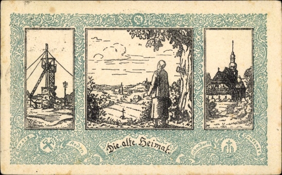 Artist Postcard Silesia, The old homeland, mine, church, Borsig, Eichendorff, voting card