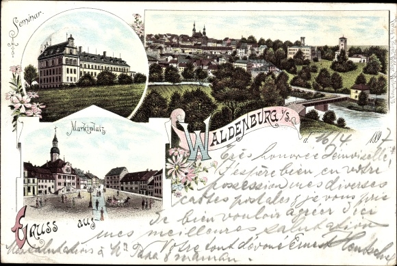 Chromo-Litho Waldenburg in Saxony, market place, seminar, total view