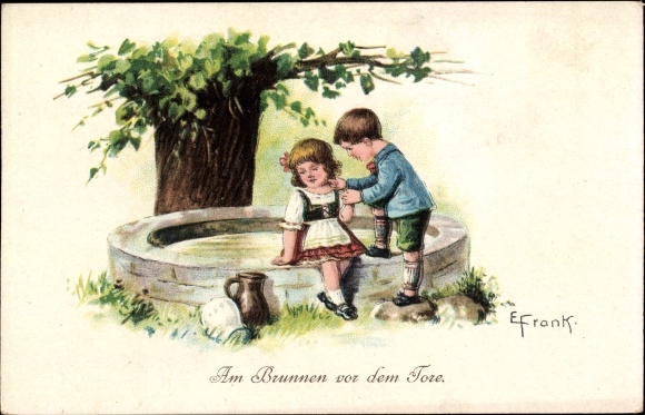 Artist PC Frank, Elly, at the fountain in front of the gates, children