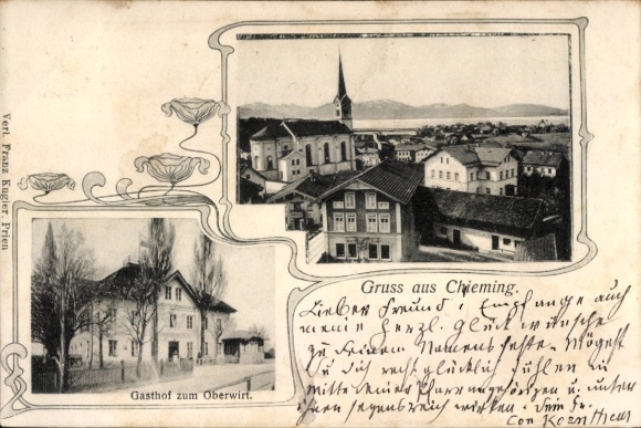 Postcard Chieming am Chiemsee Upper Bavaria, Gasthof zum Oberwirt, view of postal greetings