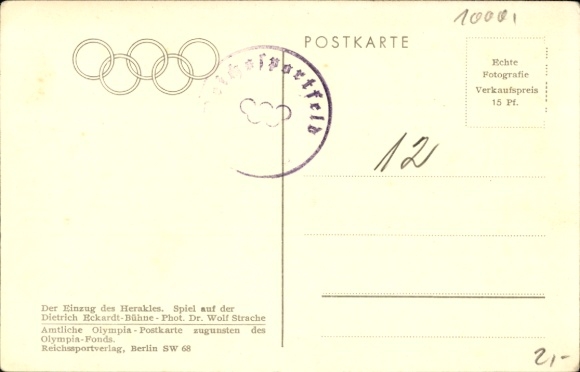 Postcard Berlin Charlottenburg Westend, Reichssportfeld, Dietrich Eckardt stage, Entry of Hercules