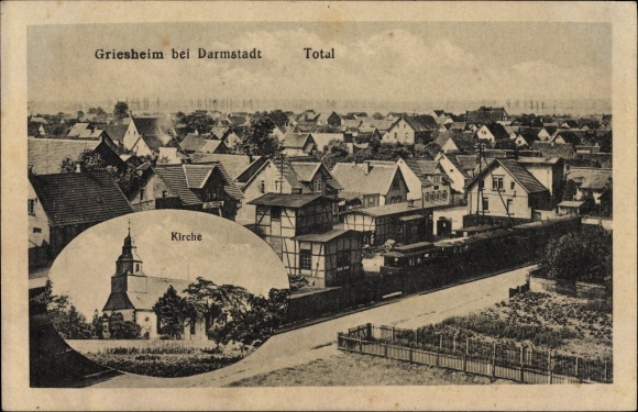 Postcard Griesheim in Hessen, view over the roofs of the village, church