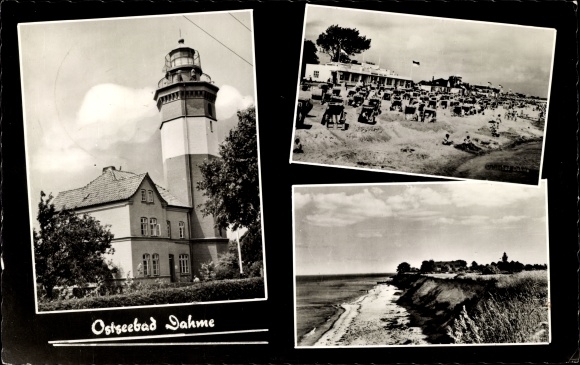 Postcard Baltic resort Dahme in Holstein, lighthouse, beach, high shore