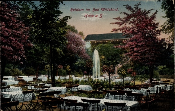 Postcard Halle an der Saale, hawthorn in Bad Wittekind, fountain