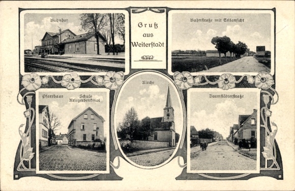 Postcard Weiterstadt in Hesse, train station, Bahnstrasse, rectory, school, church, Darmstädter Strasse