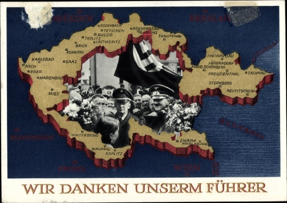 Postal stationery Postcard We thank our leader, Sudetenland, Bohemia, Moravia, Hitler
