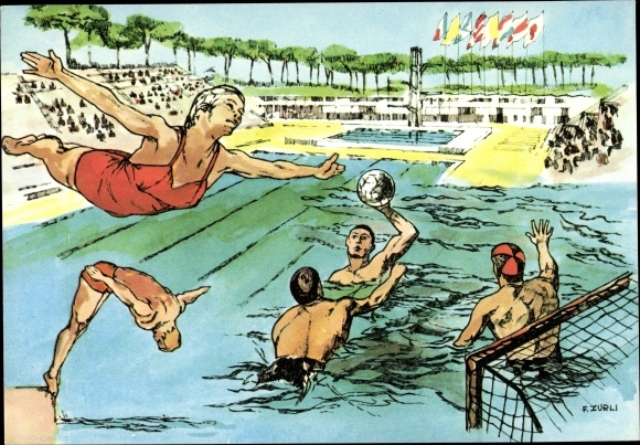 Kunstenaar Ansichtkaart Zurli, XVII. Olympische Spelen 1960 in Rome, hoogduiken, waterpolo