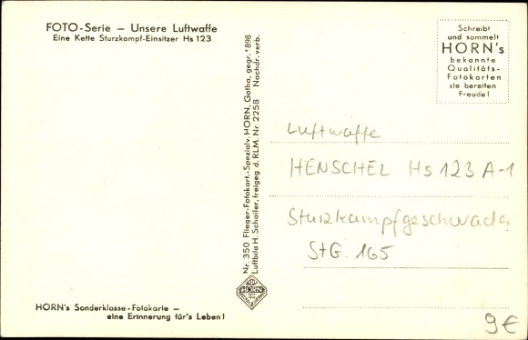 Postcard Henschel Hs 123, Luftwaffe, A chain dive combat single seater