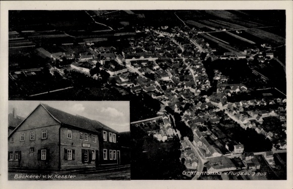 Postcard Gräfentonna Tonna in Thuringia, aerial photograph, bakery by W. Kessler