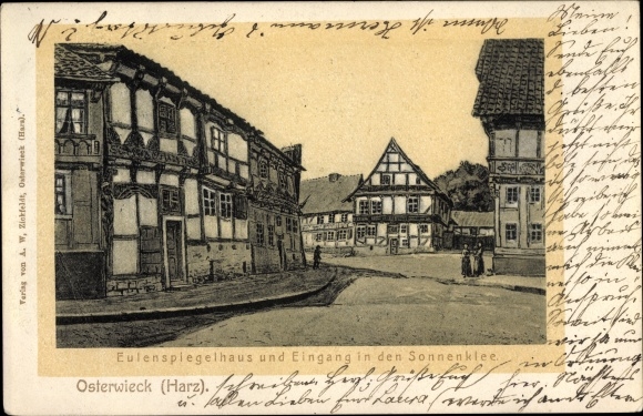 Postcard Osterwieck Harz, Eulenspiegelhaus and entrance to the Sonnenklee