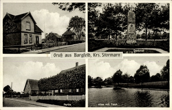 Ak Bargfeld Aukrug in Schleswig Holstein, Denkmal, Teich, Allee