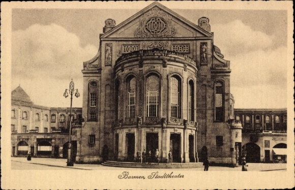 Postcard Barmen Wuppertal, city theater, architecture, people on the square