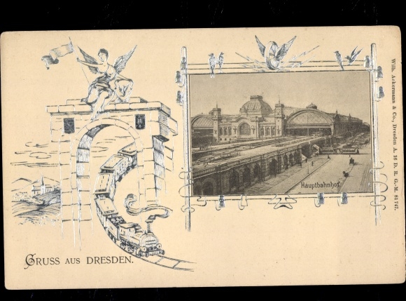 Embossed Passepartout Postcard Dresden Old Town Seevorstadt, Main Station