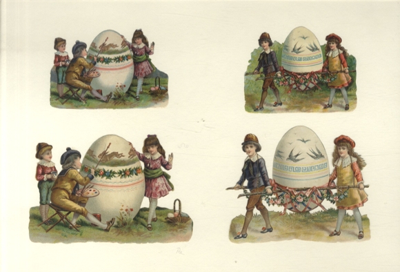 4 wafers children with large colorful Easter eggs, each approx. 9 x 1 cm
