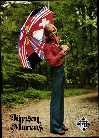 Postcard singer Jürgen Marcus, portrait with umbrella, flag imprint, Telefunken