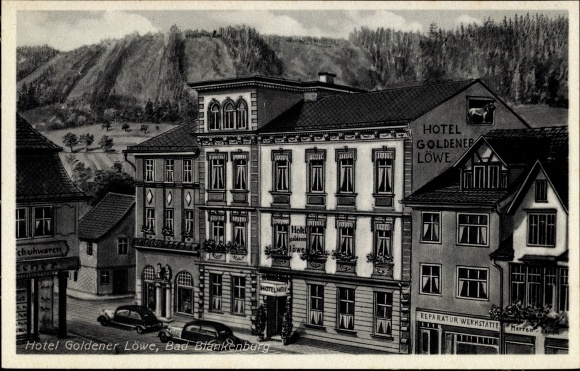 Kunstenaarskaart Bad Blankenburg in Thüringen, Hotel Goldener Löwe, buitenaanzicht, reparatiewerkplaats