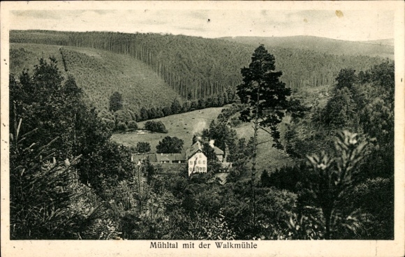 Postcard Eisenberg in Thuringia, landscape photograph, fulling mill, wooded hills