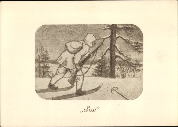 Postcard Finland, Sissi, man on skis with gun