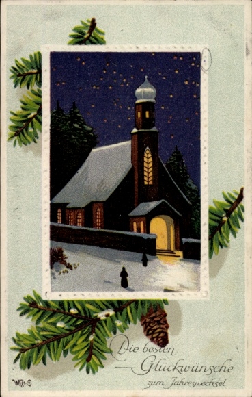 Präge Passepartout Ak Glückwunsch Neujahr, Kirche, Tannenzweige