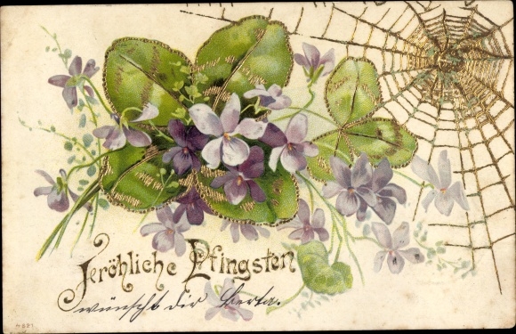 Emboss litho congratulations Pentecost, violets, lucky clover, spider