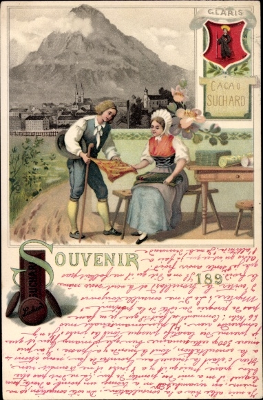 lito Glarus, Vue de la Ville, Cacao Suchard, kobieta i mężczyzna w tradycyjnych strojach, reklama