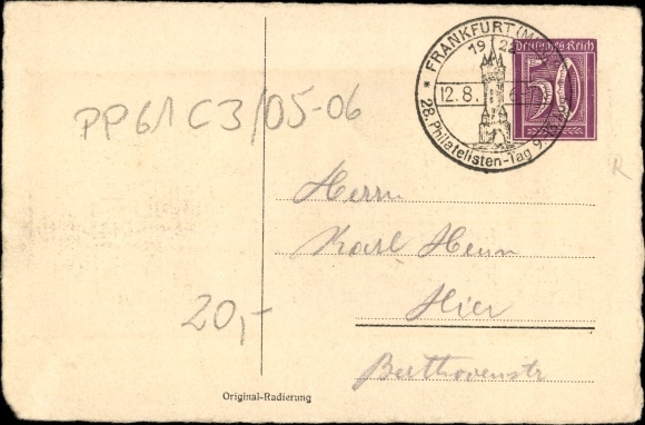 Postwaardestuk kunstenaarskaart Frankfurt am Main, 28e filatelistendag 1922