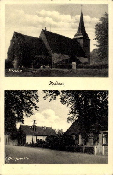 Ak Midlum im Rheiderland Ostfriesland, Kirche, Dorfpartie