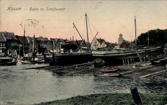 Postcard Husum in North Friesland, harbour, shipyard