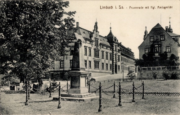 Ak Limbach in Sachsen, Promenade, Denkmal, Königliches Amtsgericht
