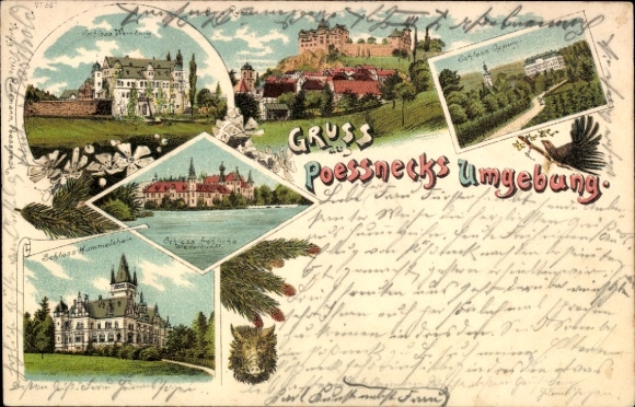 Litho Ranis in Thüringen, Schlösser Wernburg, Hummelshain, Oppurg, Burg Ranis
