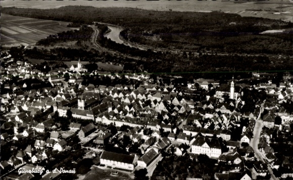 Postcard Günzburg on the Danube Swabia, aerial view of Günzburg, city view, Danube