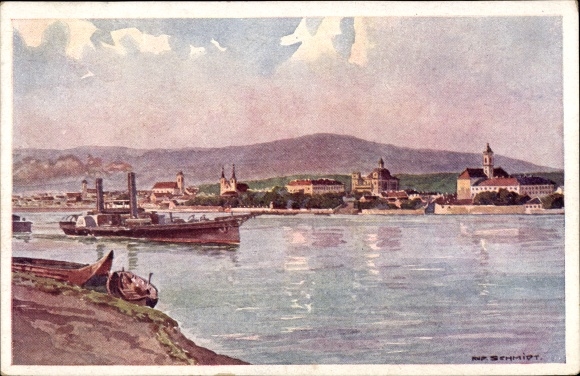 Artysta KP Schmidt, R., Vácz Vác Węgry, widok miejsca, parowiec w salonie