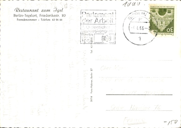 Postcard Berlin Reinickendorf Konradshöhe Tegelort, Restaurant zum Igel, Friederikestraße 20