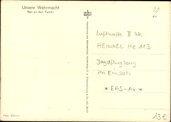 Postcard German Air Force, fighter aircraft Heinkel He 113, ran to the enemy