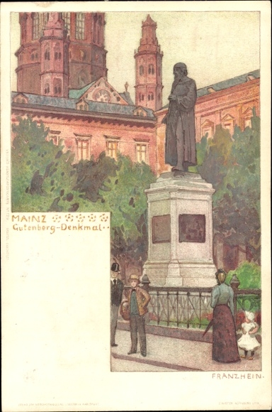 Kunstenaar litho Hein, Franz, Mainz am Rhein, Gutenberg Monument