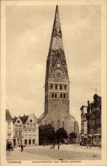 Ak Lüneburg, Johanniskirche vom Sande gesehen, Buchbinderei