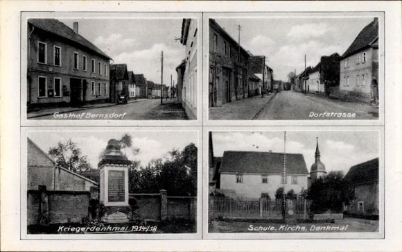 Ak Bernsdorf in der Oberlausitz, Dorfstrasse, Gasthof  Kriegerdenkmal 1914/18, Schule, Kirche